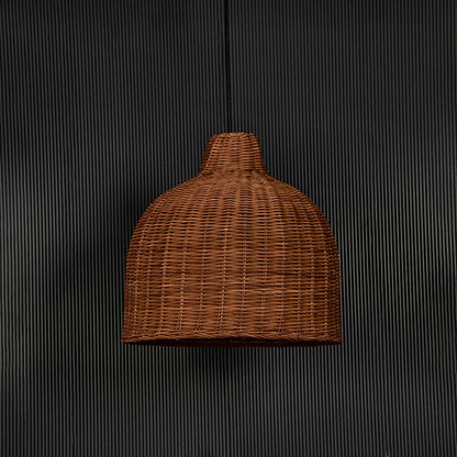 Rattan pendant light bulb off on black background with natural wicker dome design for bohemian home lighting decor.