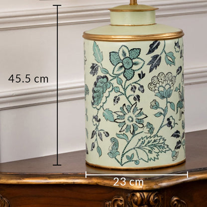 Table lamp showcasing a teal floral ceramic base illustrated with 45.5 cm height and 23 cm width dimensions.