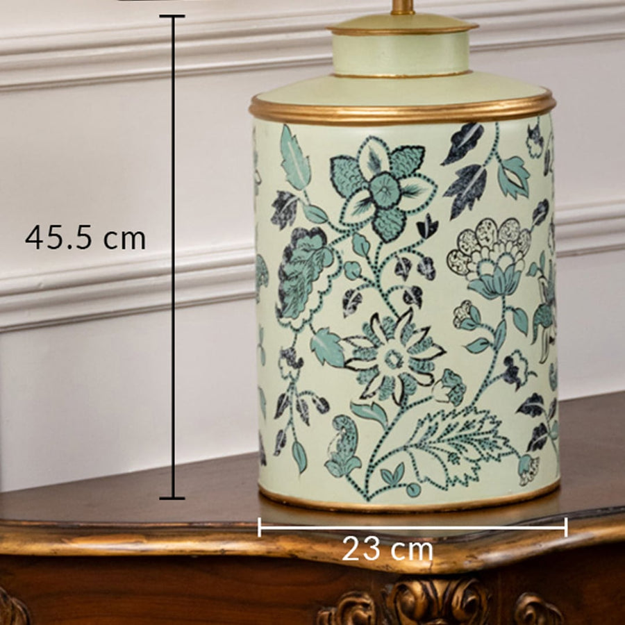 Table lamp showcasing a teal floral ceramic base illustrated with 45.5 cm height and 23 cm width dimensions.
