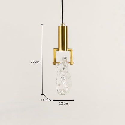 Gold metal and crystal pendant light dimension image with 12 cm width and 29 cm height for luxury bedside placement.