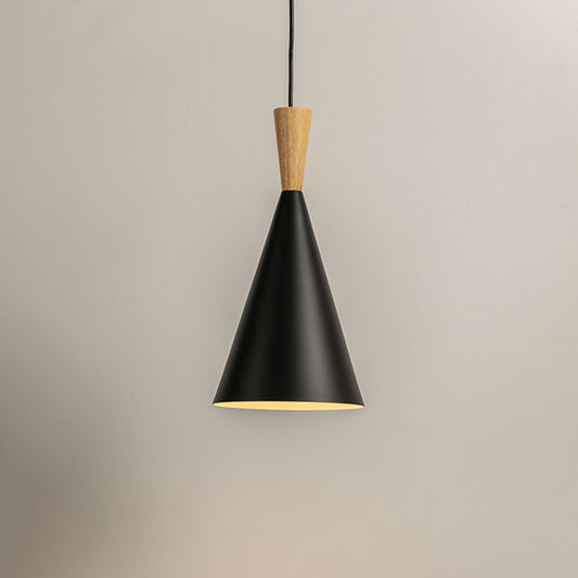 Black cone pendant light with wooden top and warm inner glow on neutral background modern minimal lighting for kitchen and dining decor.