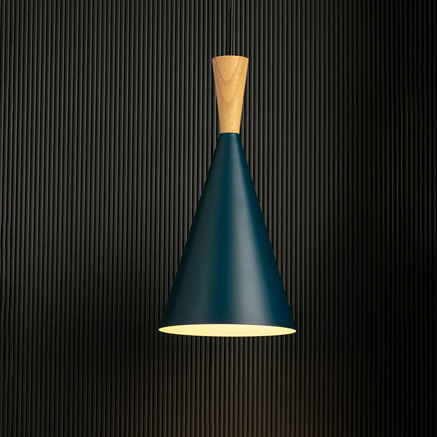 Pendant light on black background with sleek blue finish and wood detailing for modern interiors.