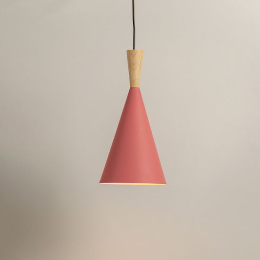 Pink cone pendant light with wooden top and minimalist design hanging on neutral background modern lighting for bedroom and dining decor.