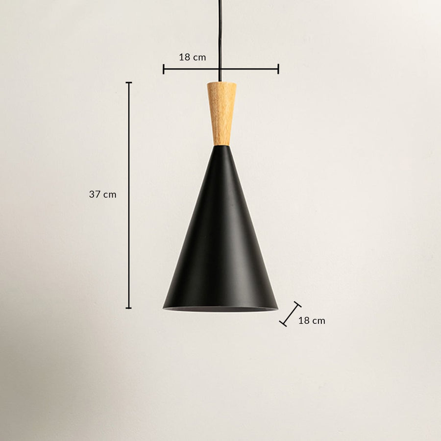 Pendant light featuring a black cone-shaped shade and wooden top shows dimensions of 37 cm height and 18 cm width.