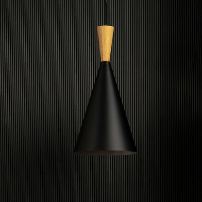 Matte black metal cone pendant light with wooden accent displayed on dark background creating sleek modern ceiling lighting appeal.