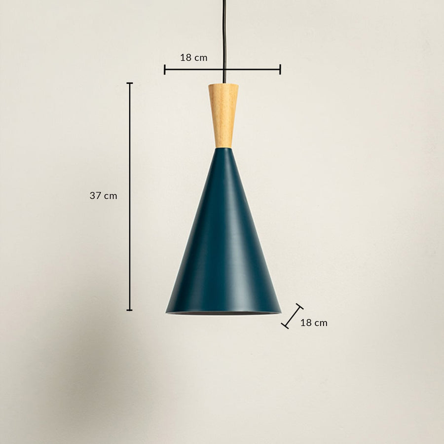 Pendant light dimensions on white background show 37 cm height and 18 cm width with a wooden accent top.