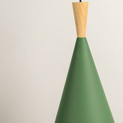 Detailed view of green cone pendant light with wood accent highlighting refined contemporary design.
