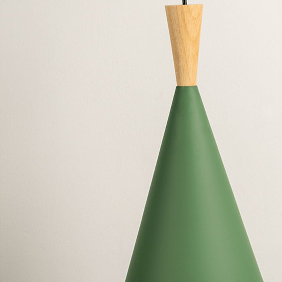 Detailed view of green cone pendant light with wood accent highlighting refined contemporary design.