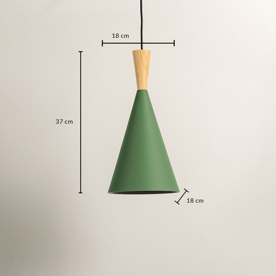 Dimension image of sage green metal cone pendant light with wooden accent showing 37 cm height and 18 cm width.