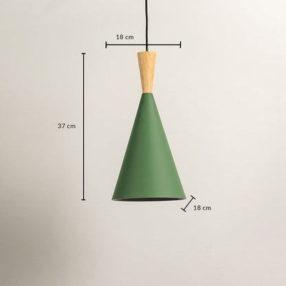 Dimension image of sage green metal cone pendant light with wooden accent showing 37 cm height and 18 cm width.