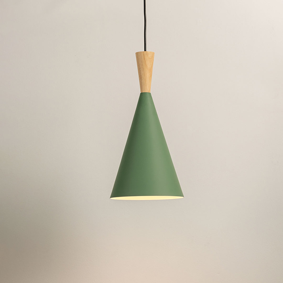 Green cone pendant light with wooden top on neutral background minimal modern lighting perfect for bedroom and dining decor.

