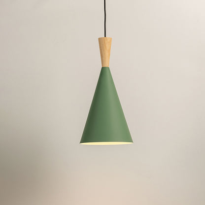 Green cone pendant light with wooden top on neutral background minimal modern lighting perfect for bedroom and dining decor.

