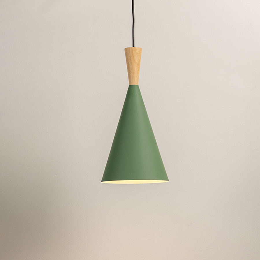 Green cone pendant light with wooden top on neutral background minimal modern lighting perfect for bedroom and dining decor.

