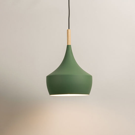 Green pendant light with rounded metal shade and wooden top on neutral background minimal modern lighting for home decor.
