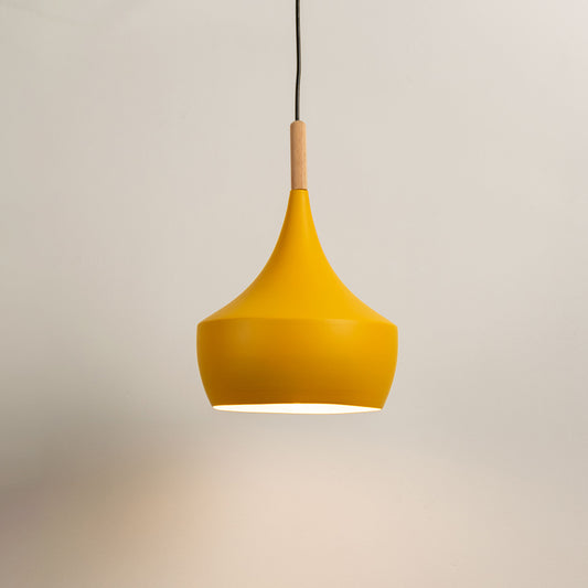 Mustard yellow pendant light with curved metal shade and wooden top on neutral background stylish lighting for modern interiors.