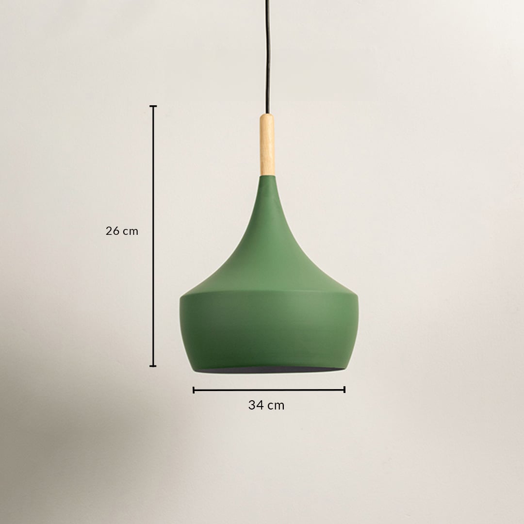 Green pendant light with wooden top showing 26 cm height and 34 cm width on white background.