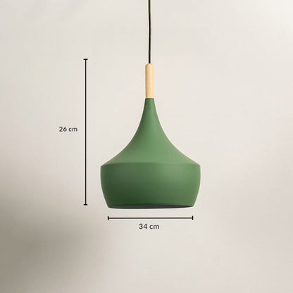 Green pendant light with wooden top showing 26 cm height and 34 cm width on white background.