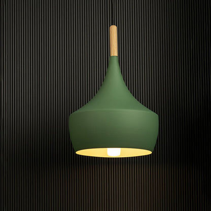 Modern pendant light in green with wood accent displayed on black background for stylish decor.