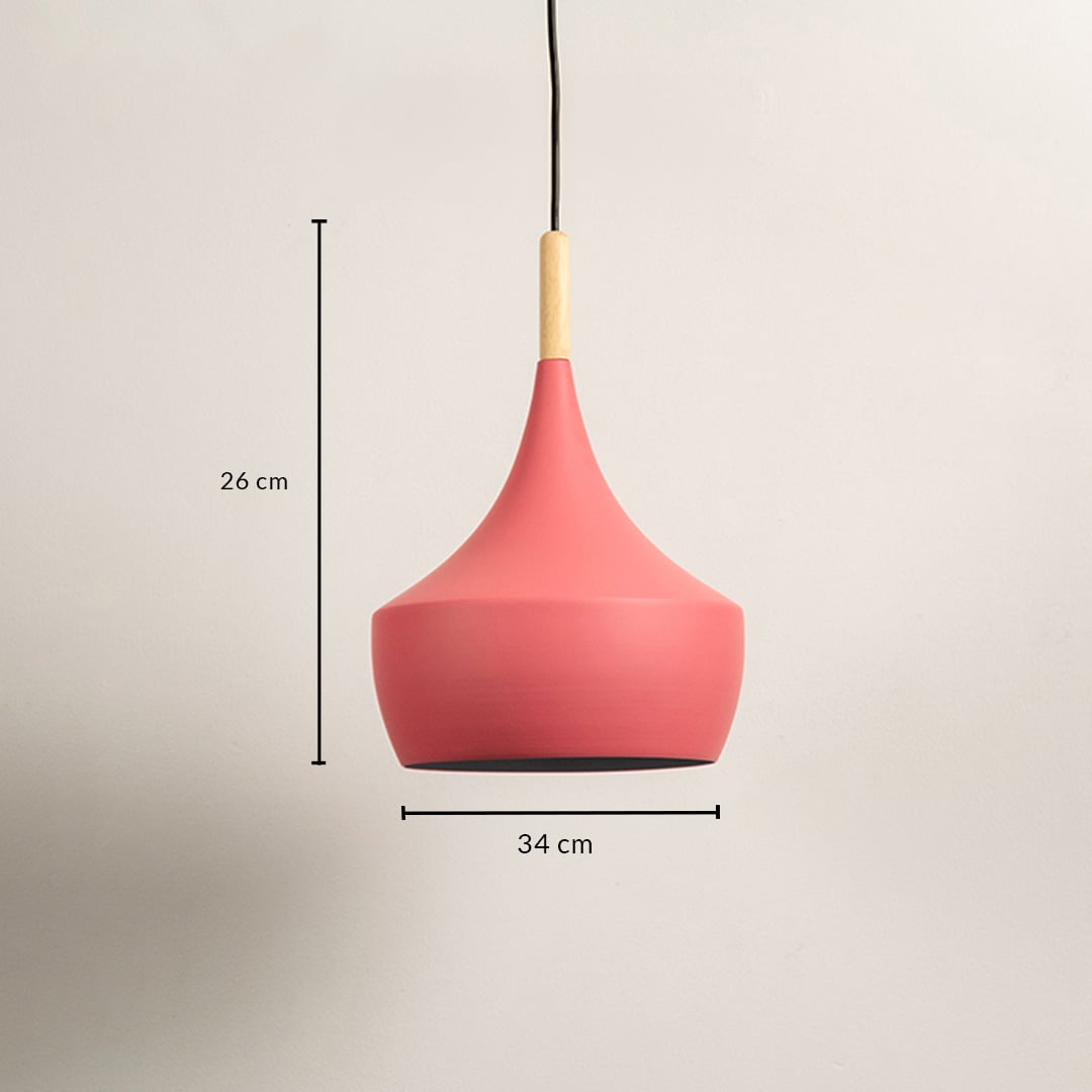 Coral pink metal pendant light showing 26 cm height and 20 cm width dimensions ideal for dining kitchen or bar ceiling placement.