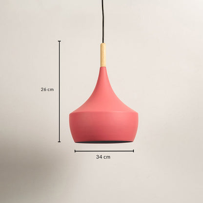 Coral pink metal pendant light showing 26 cm height and 20 cm width dimensions ideal for dining kitchen or bar ceiling placement.