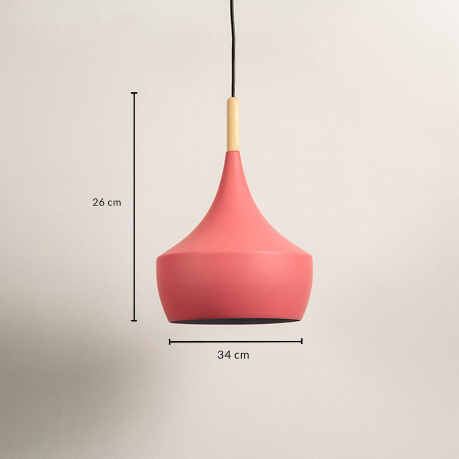 Coral pink metal pendant light showing 26 cm height and 20 cm width dimensions ideal for dining kitchen or bar ceiling placement.