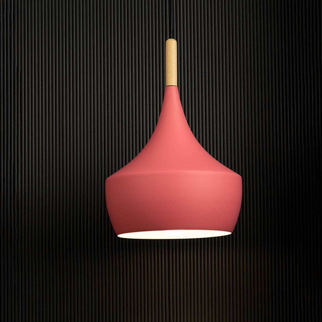 Yellow pendant light with wooden top highlighted against black background for premium contrast.