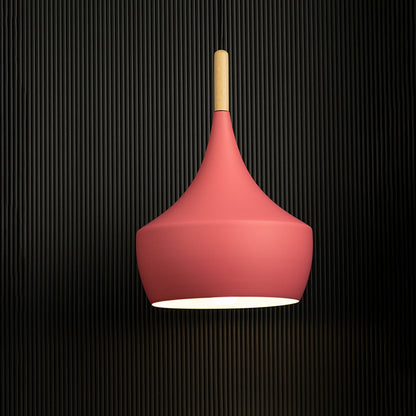 Yellow pendant light with wooden top highlighted against black background for premium contrast.
