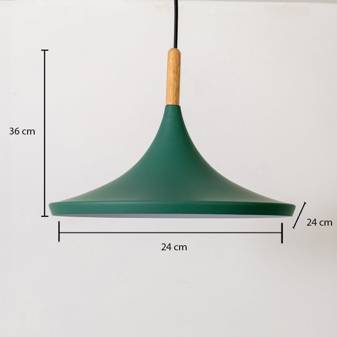 Dimension image of teal green metal pendant light with wooden accent showing 36 cm height and 24 cm width.