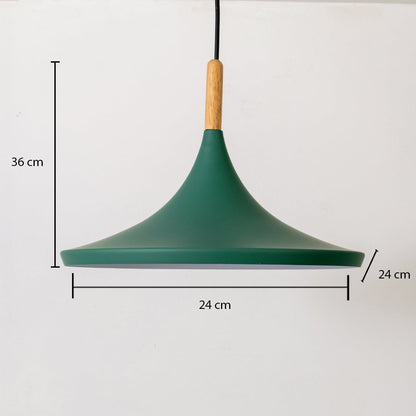 Dimension image of teal green metal pendant light with wooden accent showing 36 cm height and 24 cm width.