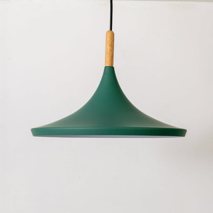 Green wide shade pendant light with wood accent displayed on white background for modern interiors.