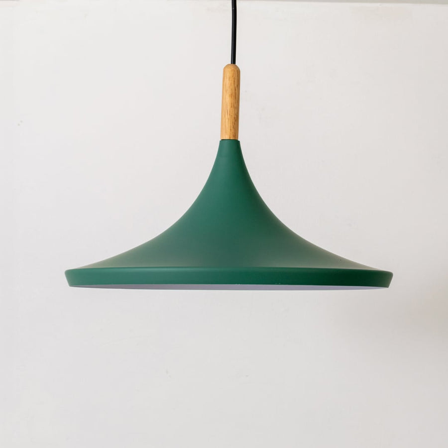 Green wide shade pendant light with wood accent displayed on white background for modern interiors.