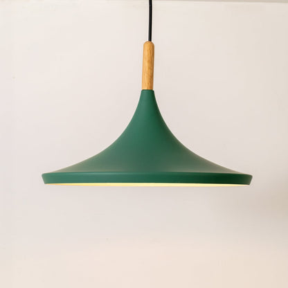 Green wide shade pendant light with wood detail on white background showcasing Scandinavian style appeal.
