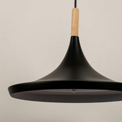 Close up of a pendant light in black with a wooden accent highlighting its smooth minimalist design.