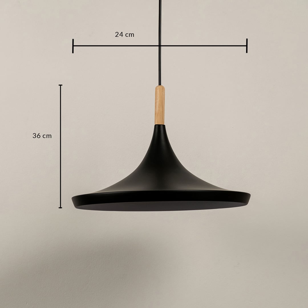 Dimensions of a black pendant light with a height of 36 cm and width of 24 cm perfect for modern dining spaces.