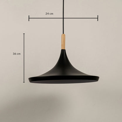 Dimensions of a black pendant light with a height of 36 cm and width of 24 cm perfect for modern dining spaces.