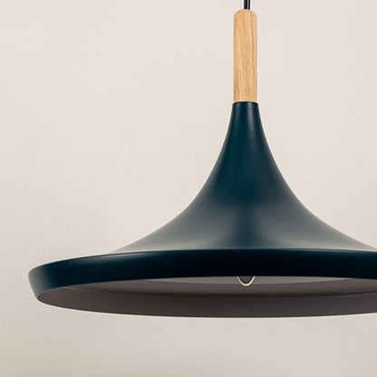 Detailed view of blue wide shade pendant light with natural wood detail highlighting premium craftsmanship.