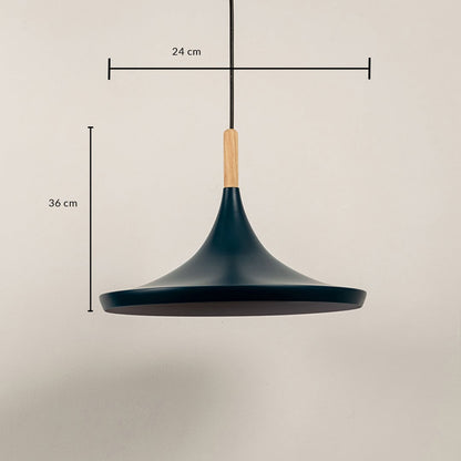 Dimension image of teal blue metal pendant light with wooden accent showing 36 cm height and 24 cm width.