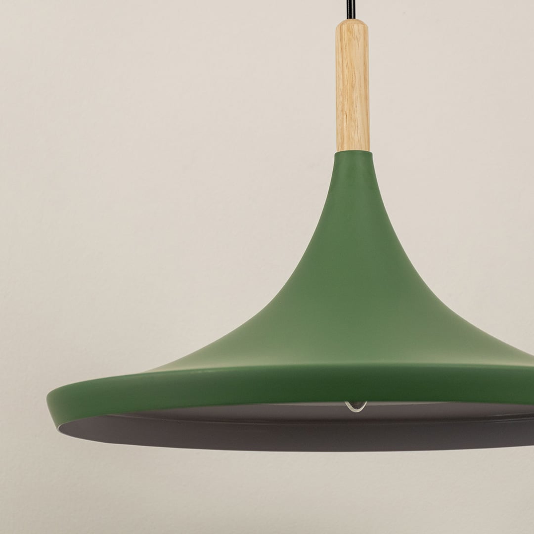 Detailed view of green wide shade pendant light with natural wood accent highlighting refined craftsmanship.