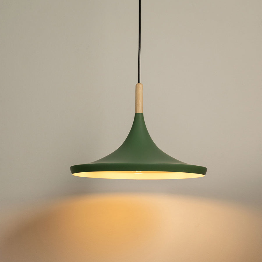 Green metal pendant light with wide curved shade and wooden top modern hanging light for kitchen dining and home decor lighting.