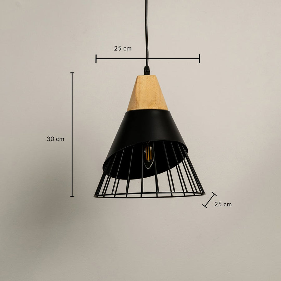 Dimension image of black metal cage pendant light with wooden accent showing 30 cm height and 25 cm width.