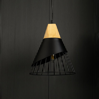 Pendant light shown without light against a black backdrop focusing on its sleek minimalist design and wooden accents.