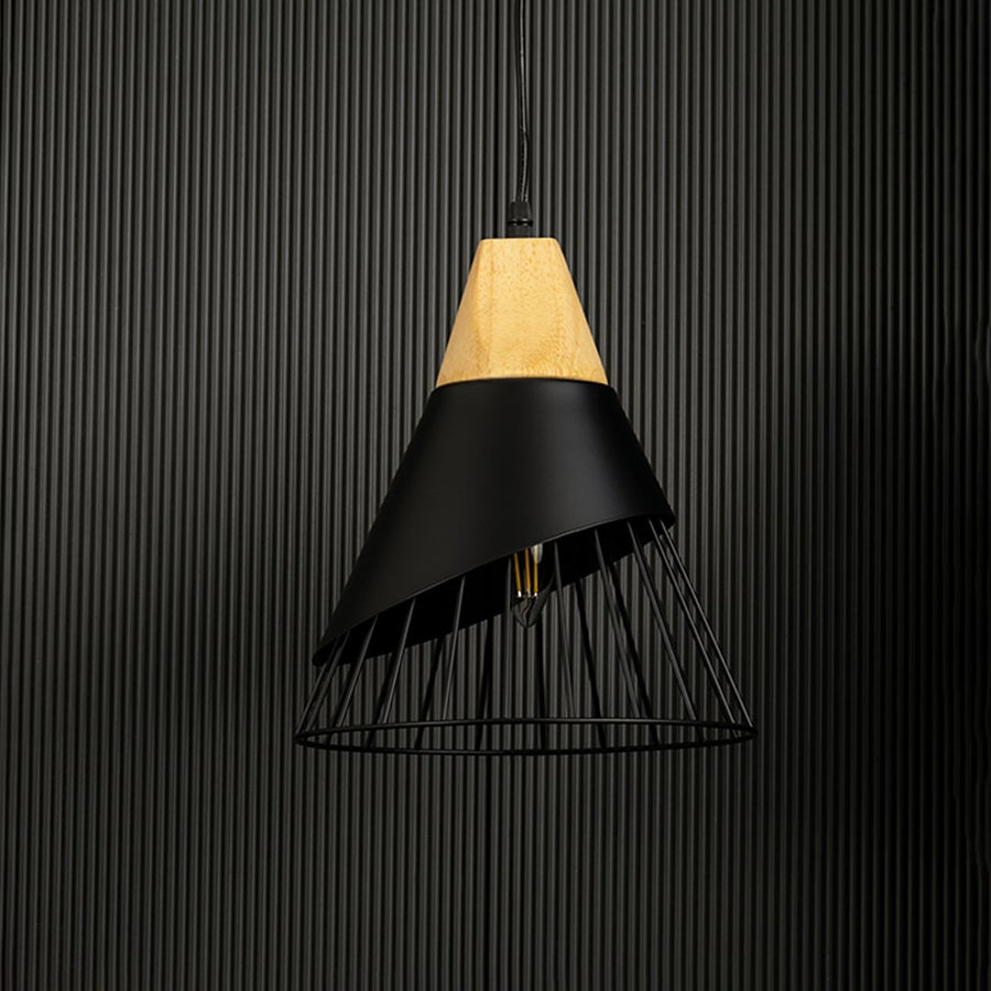 Pendant light shown without light against a black backdrop focusing on its sleek minimalist design and wooden accents.