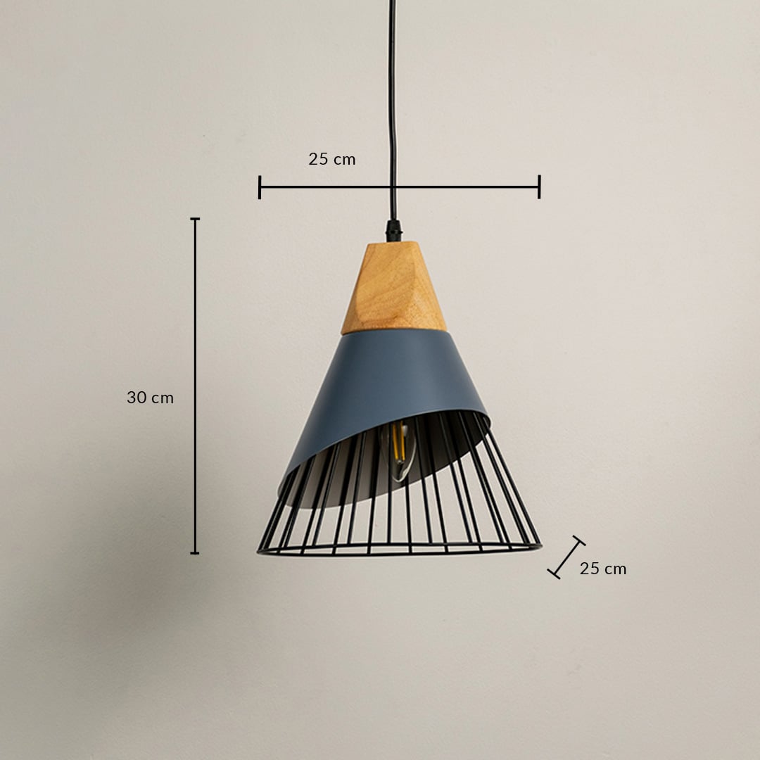 Dimension image of black metal cage pendant light with wooden accent showing 30 cm height and 25 cm width.