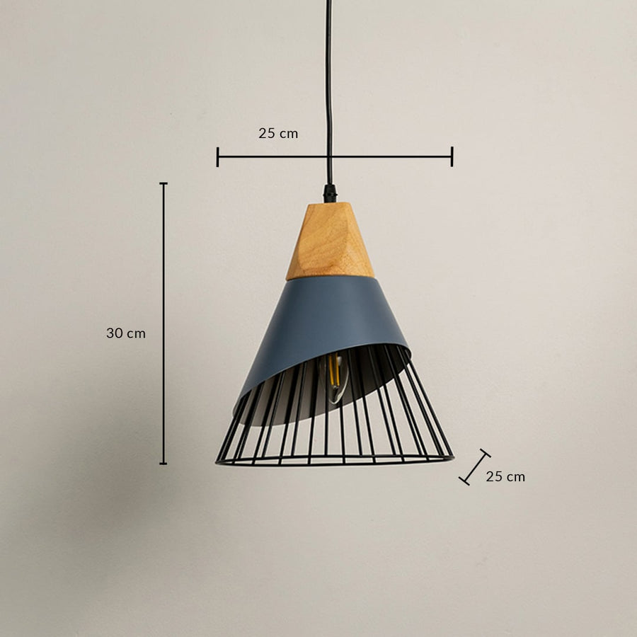 Dimension image of black metal cage pendant light with wooden accent showing 30 cm height and 25 cm width.