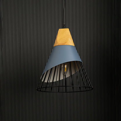 Pendant light with a wooden top and black wire cage displayed without light against a dark background to emphasize its design.