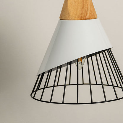 Close up of a pendant light with a wooden top and black wire cage focusing on its clean lines and modern design.