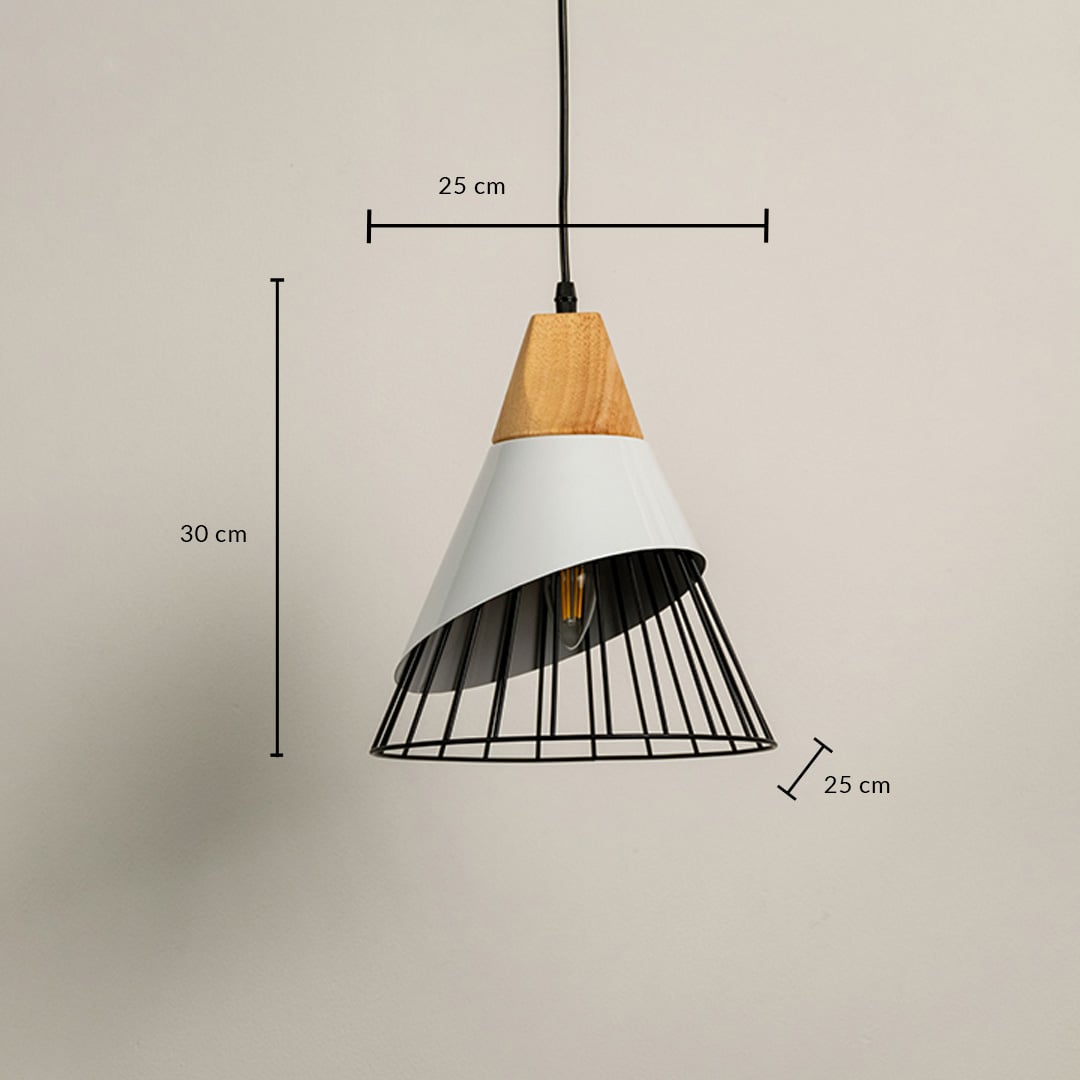 Dimensions of the pendant light 30 cm height and 25 cm width featuring a wooden top and black wire cage perfect for modern interiors.