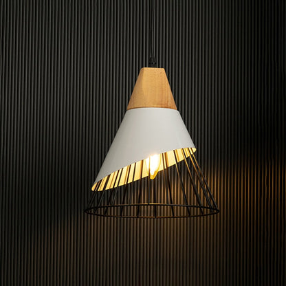 White pendant light with black wire cage glowing softly against a dark background highlights the light's modern design and contrast.