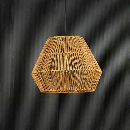 Natural jute pendant ceiling light switched off on back background for rustic bohemian dining and living room decor.