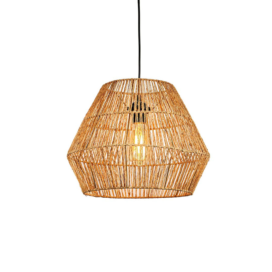 Jute pendant ceiling light with handwoven shade illuminated on white background for modern rustic home lighting.